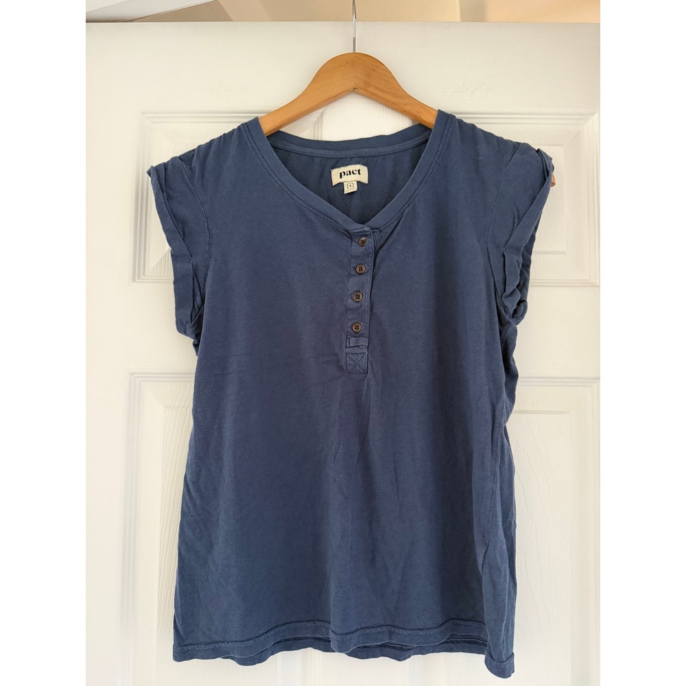 Pact Organic Women Blue Cotton Short Sleeve Blouse Crunchy Neutral